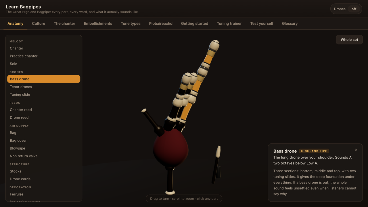 Learn Bagpipes showing the 3D instrument with the bass drone selected