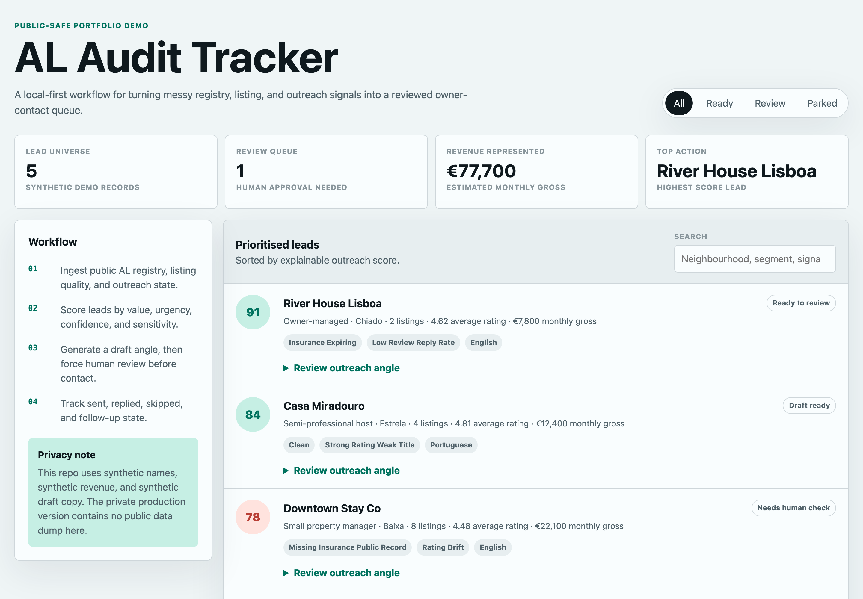 AL Audit Tracker public portfolio demo